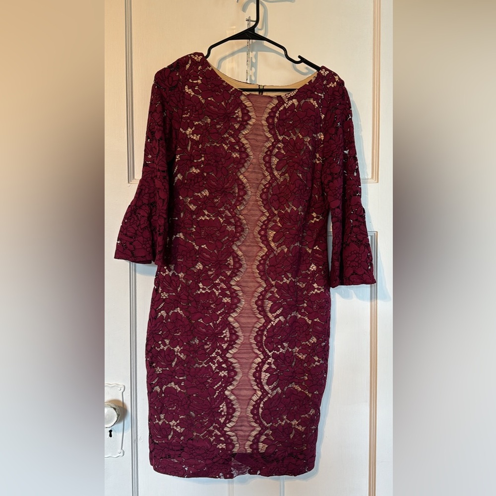 Gabby Skye - burgundy lace cocktail dress with bell sleeves - size 10